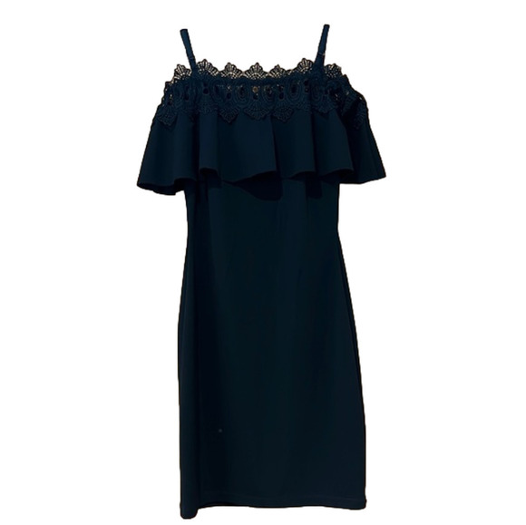 BCX Off the Shoulder Dress Spaghetti Straps Lace Black Dress Juniors Size 1 - Picture 1 of 4